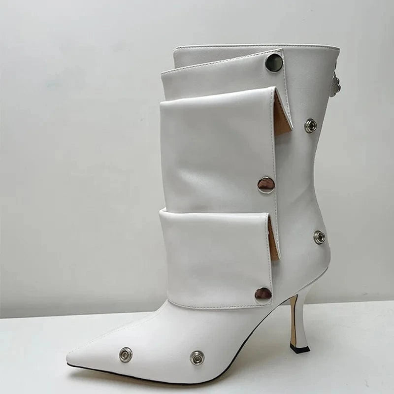 Metal Rivets Loose Pleated Upper Shoes Thin High Heels Pointed Toe Denim Ankle Boots Women's Wide Fit Short Booties