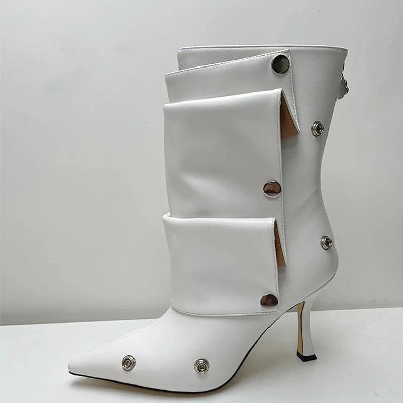 Metal Rivets Loose Pleated Upper Shoes Thin High Heels Pointed Toe Denim Ankle Boots Women's Wide Fit Short Booties
