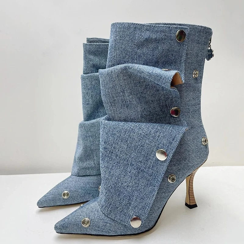 Metal Rivets Loose Pleated Upper Shoes Thin High Heels Pointed Toe Denim Ankle Boots Women's Wide Fit Short Booties
