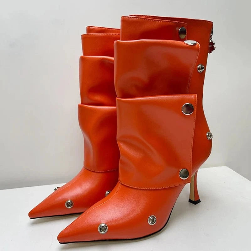 Metal Rivets Loose Pleated Upper Shoes Thin High Heels Pointed Toe Denim Ankle Boots Women's Wide Fit Short Booties