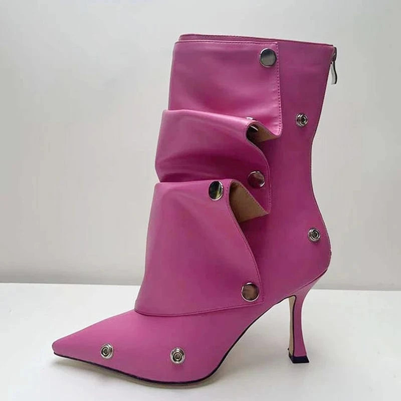 Metal Rivets Loose Pleated Upper Shoes Thin High Heels Pointed Toe Denim Ankle Boots Women's Wide Fit Short Booties