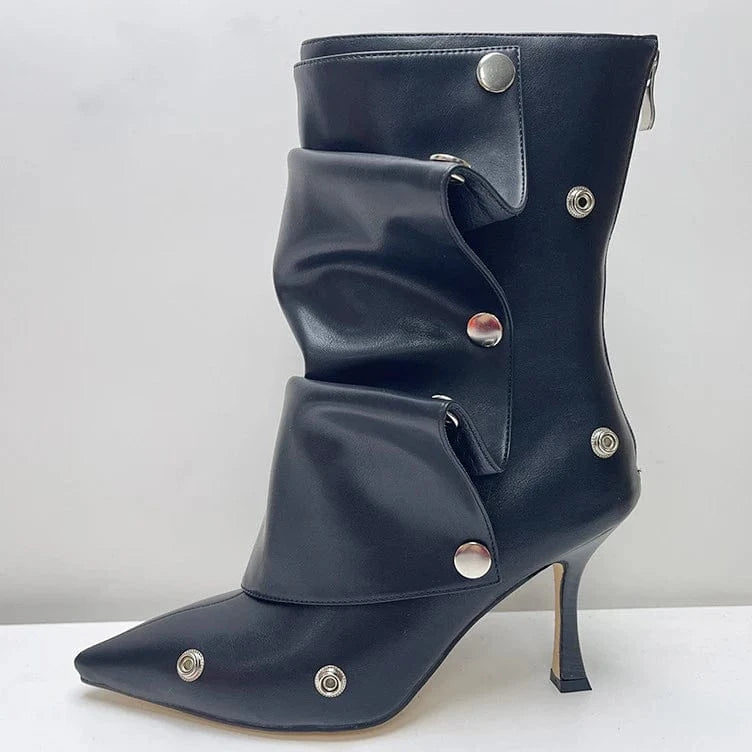 Metal Rivets Loose Pleated Upper Shoes Thin High Heels Pointed Toe Denim Ankle Boots Women's Wide Fit Short Booties