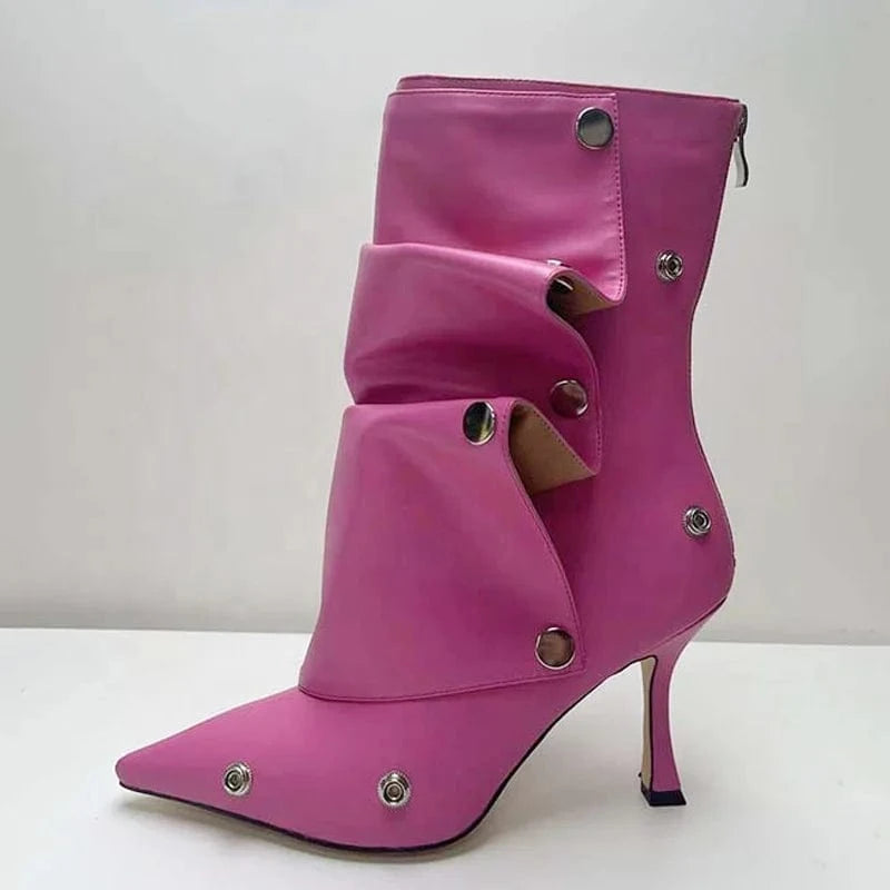 Metal Rivets Loose Pleated Upper Shoes Thin High Heels Pointed Toe Denim Ankle Boots Women's Wide Fit Short Booties