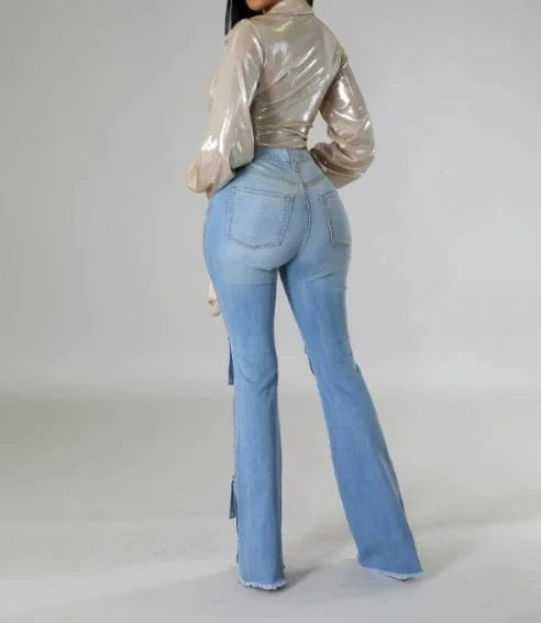 Metallic Pocket Flare Denim Jeans