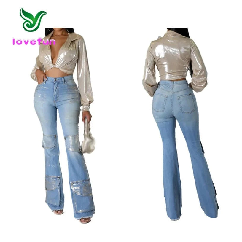 Metallic Pocket Flare Denim Jeans
