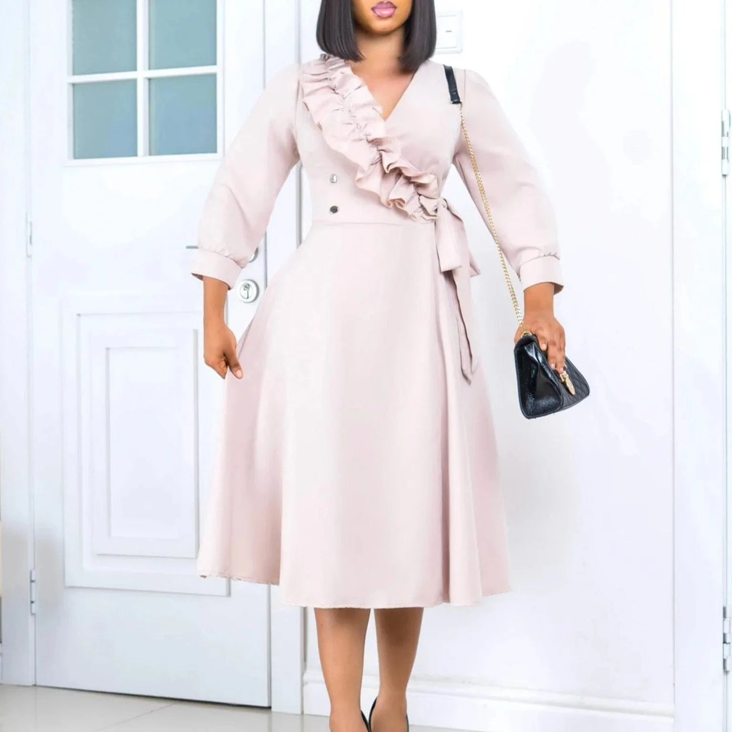 MG483 Latest Design Elegant Casual Dresses Women Fashion Solid Color Ruffle V-neck Ruched A-line Spring Dresses Women 2024