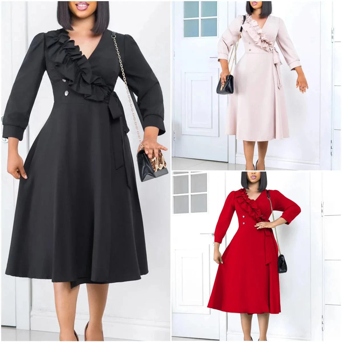 MG483 Latest Design Elegant Casual Dresses Women Fashion Solid Color Ruffle V-neck Ruched A-line Spring Dresses Women 2024