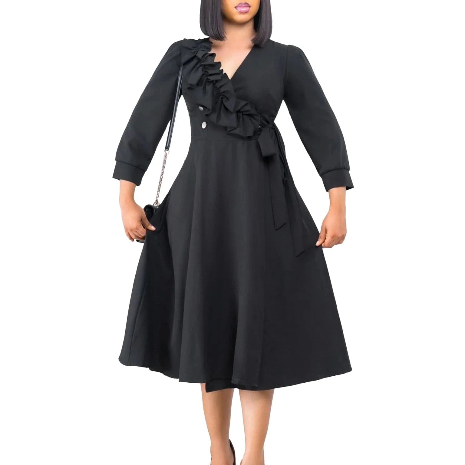 MG483 Latest Design Elegant Casual Dresses Women Fashion Solid Color Ruffle V-neck Ruched A-line Spring Dresses Women 2024