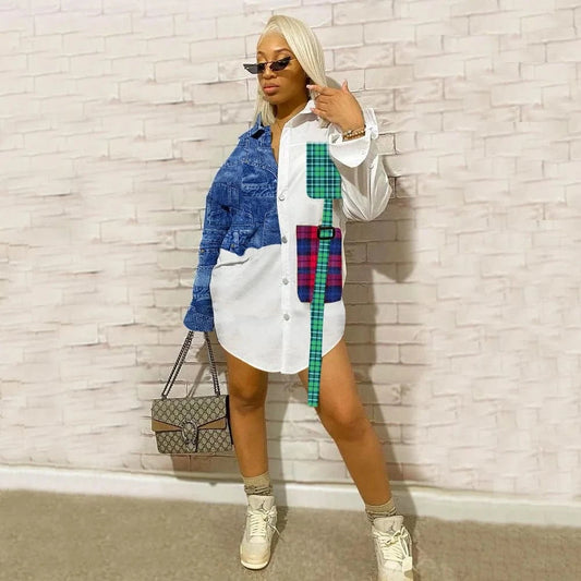 Mid-length stitching denim shirt long-sleeved dress ladies fashion T-shirt plaid suit autumn ladies dress plus size can be worn