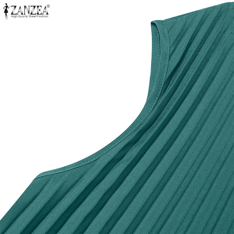 Midi Dress With A - Line Pleated Sleeveless Design - Office Casual Style For Summer - SN Wigs & More