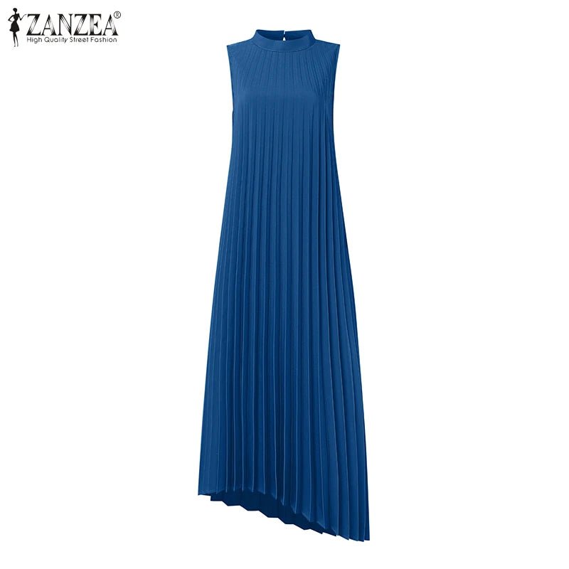 Midi Dress With A - Line Pleated Sleeveless Design - Office Casual Style For Summer - SN Wigs & More