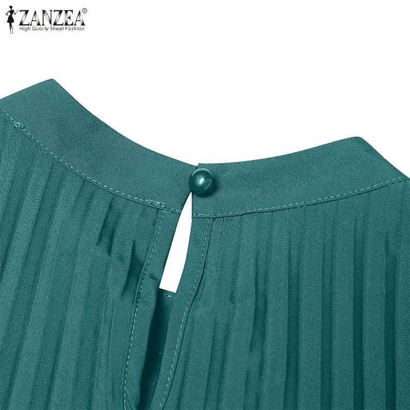 Midi Dress With A - Line Pleated Sleeveless Design - Office Casual Style For Summer - SN Wigs & More