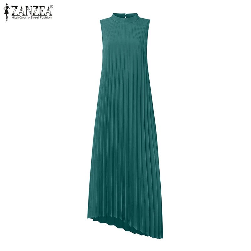 Midi Dress With A - Line Pleated Sleeveless Design - Office Casual Style For Summer - SN Wigs & More