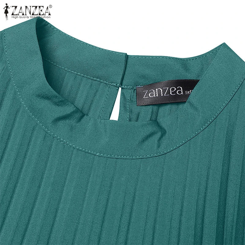 Midi Dress With A - Line Pleated Sleeveless Design - Office Casual Style For Summer - SN Wigs & More