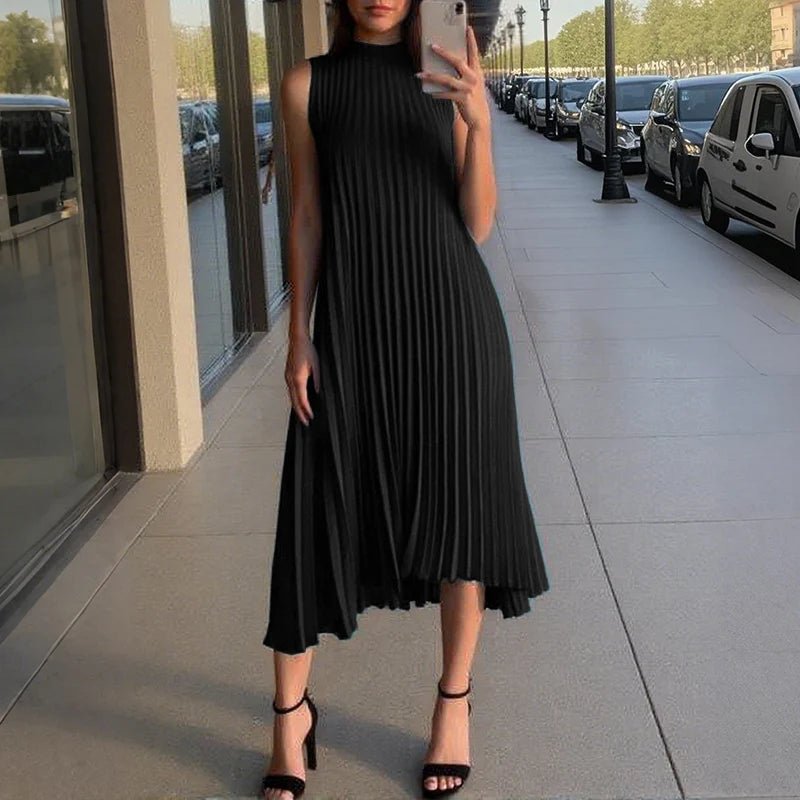 Midi Dress With A - Line Pleated Sleeveless Design - Office Casual Style For Summer - SN Wigs & More
