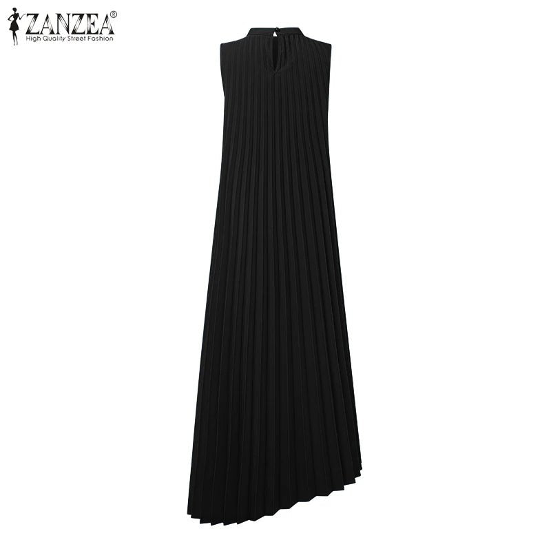 Midi Dress With A - Line Pleated Sleeveless Design - Office Casual Style For Summer - SN Wigs & More