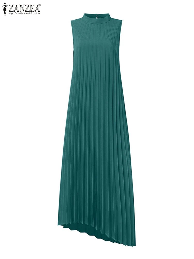 Midi Dress With A - Line Pleated Sleeveless Design - Office Casual Style For Summer - SN Wigs & More