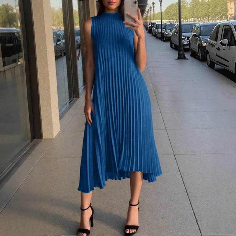 Midi Dress With A - Line Pleated Sleeveless Design - Office Casual Style For Summer - SN Wigs & More