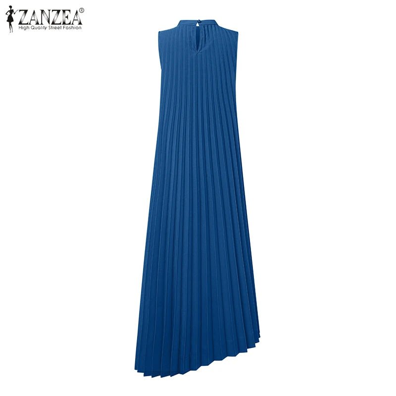 Midi Dress With A - Line Pleated Sleeveless Design - Office Casual Style For Summer - SN Wigs & More