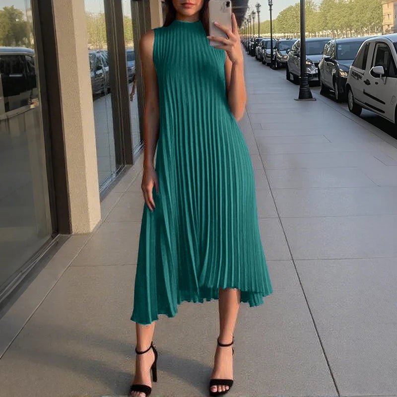 Midi Dress With A - Line Pleated Sleeveless Design - Office Casual Style For Summer - SN Wigs & More