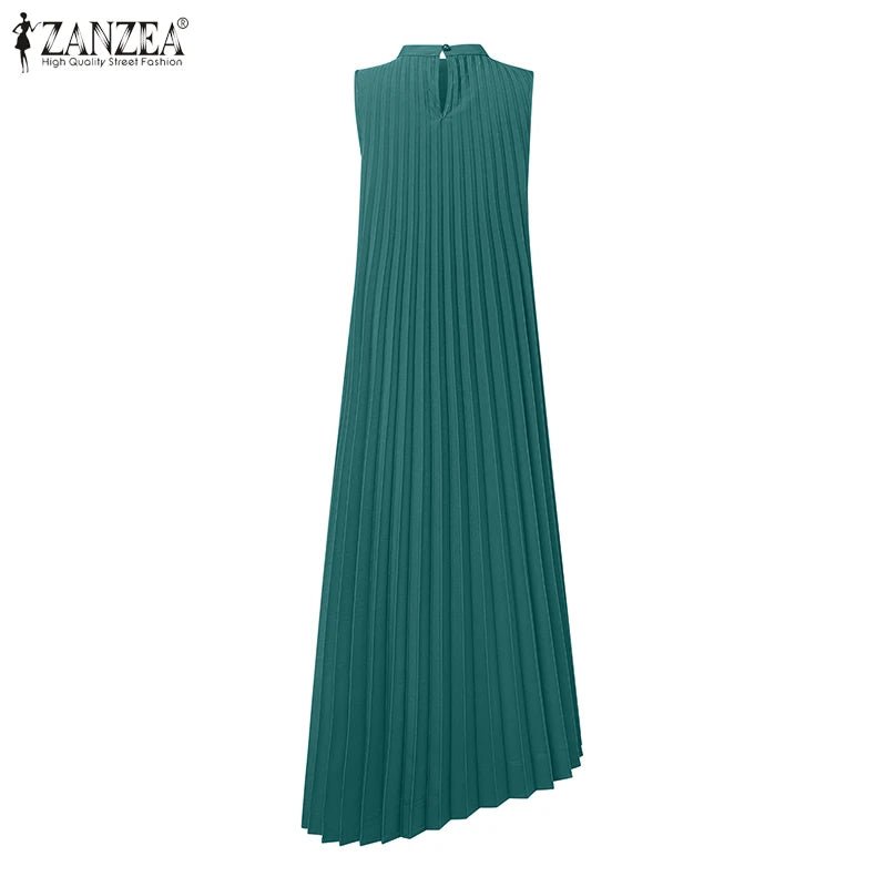 Midi Dress With A - Line Pleated Sleeveless Design - Office Casual Style For Summer - SN Wigs & More