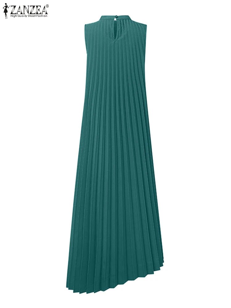 Midi Dress With A - Line Pleated Sleeveless Design - Office Casual Style For Summer - SN Wigs & More