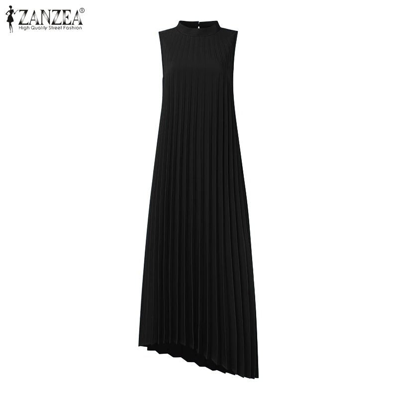 Midi Dress With A - Line Pleated Sleeveless Design - Office Casual Style For Summer - SN Wigs & More