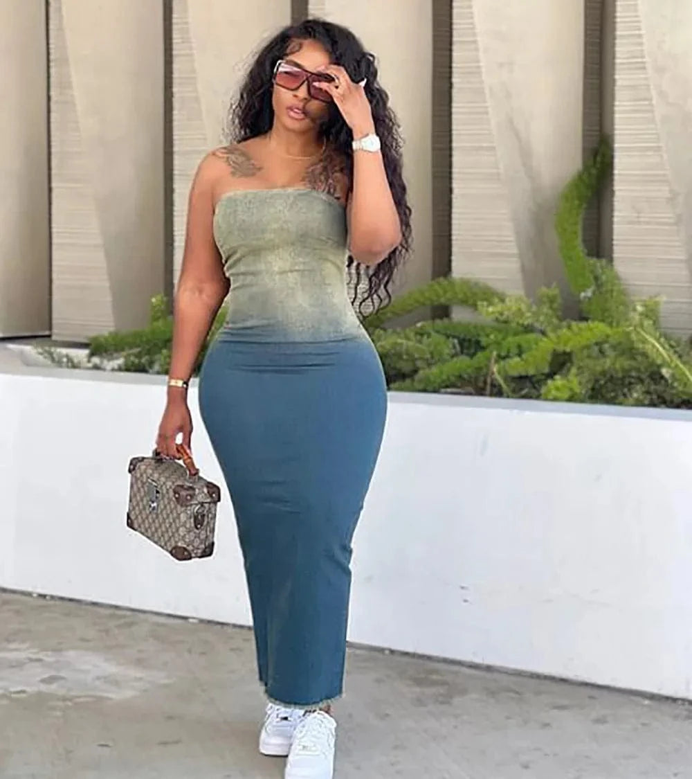 Midi Ladies Dress Jeans Street Wear Ombre Denim Straight Strapless Dress Tight Jean Dresses Denim Women