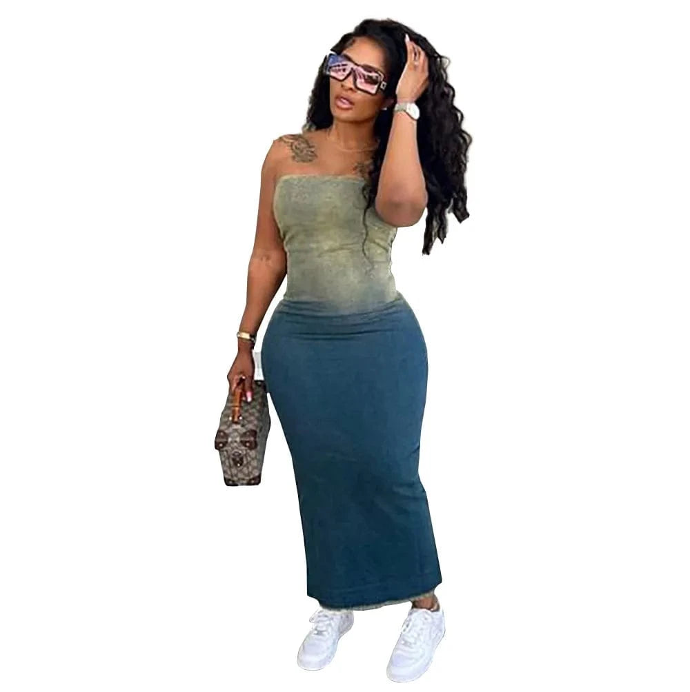 Midi Ladies Dress Jeans Street Wear Ombre Denim Straight Strapless Dress Tight Jean Dresses Denim Women