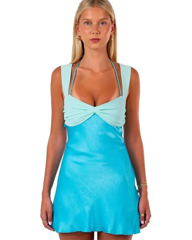 Mini Dress Patchwork Sleeveless Satin Strapless Backless Lace Up High Waist A Line Club Style - SN Wigs & More