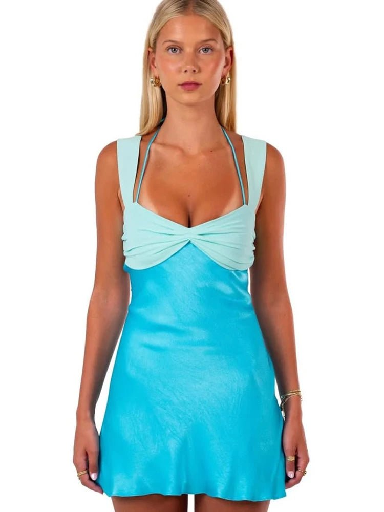 Mini Dress Patchwork Sleeveless Satin Strapless Backless Lace Up High Waist A Line Club Style - SN Wigs & More