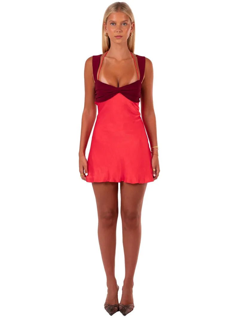 Mini Dress Patchwork Sleeveless Satin Strapless Backless Lace Up High Waist A Line Club Style - SN Wigs & More