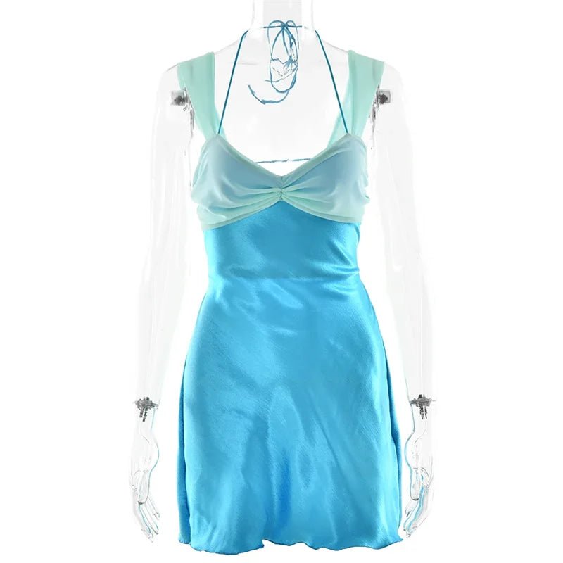 Mini Dress Patchwork Sleeveless Satin Strapless Backless Lace Up High Waist A Line Club Style - SN Wigs & More