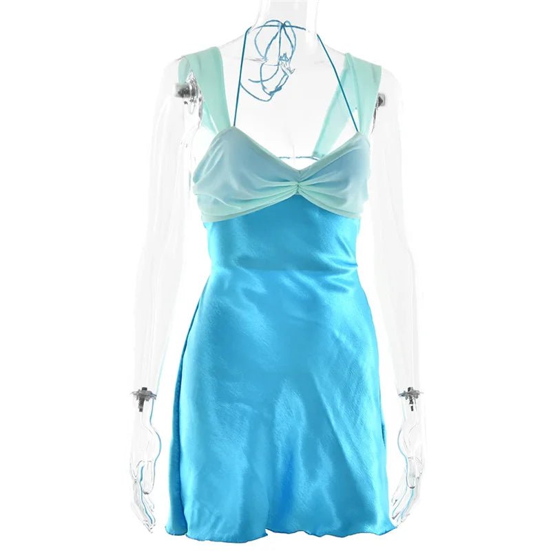 Mini Dress Patchwork Sleeveless Satin Strapless Backless Lace Up High Waist A Line Club Style - SN Wigs & More
