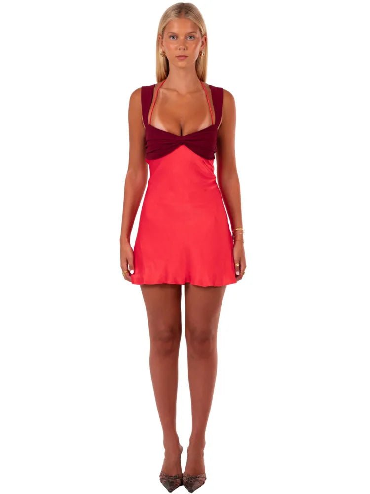 Mini Dress Patchwork Sleeveless Satin Strapless Backless Lace Up High Waist A Line Club Style - SN Wigs & More