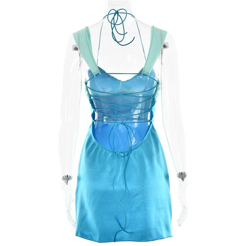 Mini Dress Patchwork Sleeveless Satin Strapless Backless Lace Up High Waist A Line Club Style - SN Wigs & More