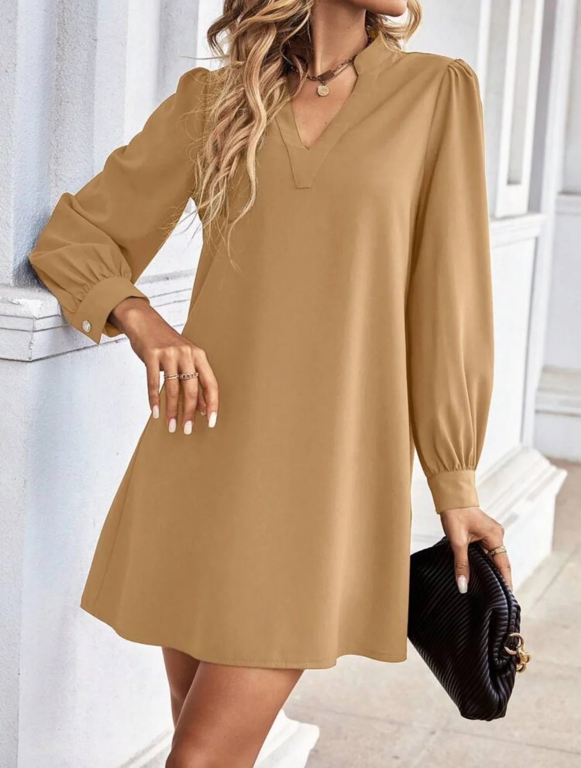 Mini Dress V - Neck Long Sleeves Solid Color – Office Lady Style Elegant Workwear Essentials - SN Wigs & More