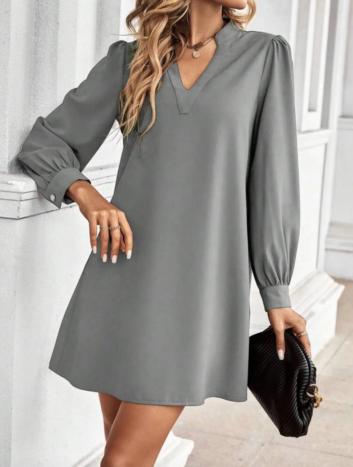 Mini Dress V - Neck Long Sleeves Solid Color – Office Lady Style Elegant Workwear Essentials - SN Wigs & More