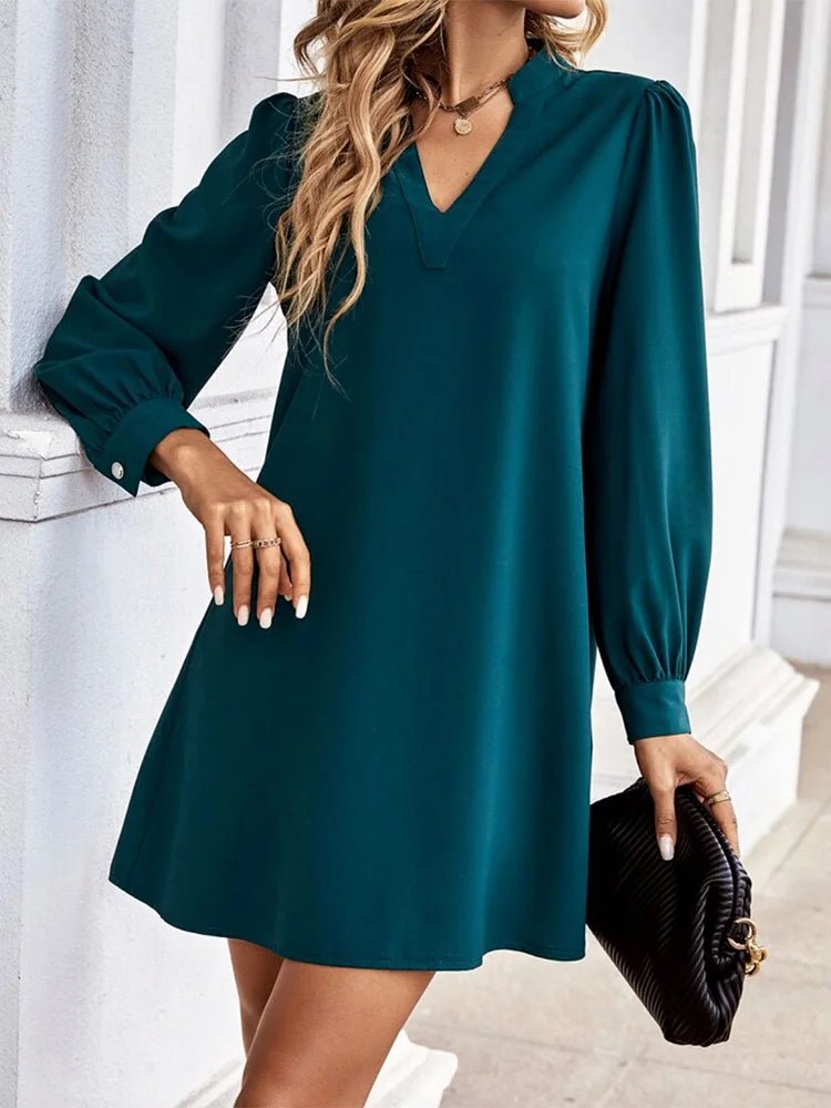Mini Dress V - Neck Long Sleeves Solid Color – Office Lady Style Elegant Workwear Essentials - SN Wigs & More