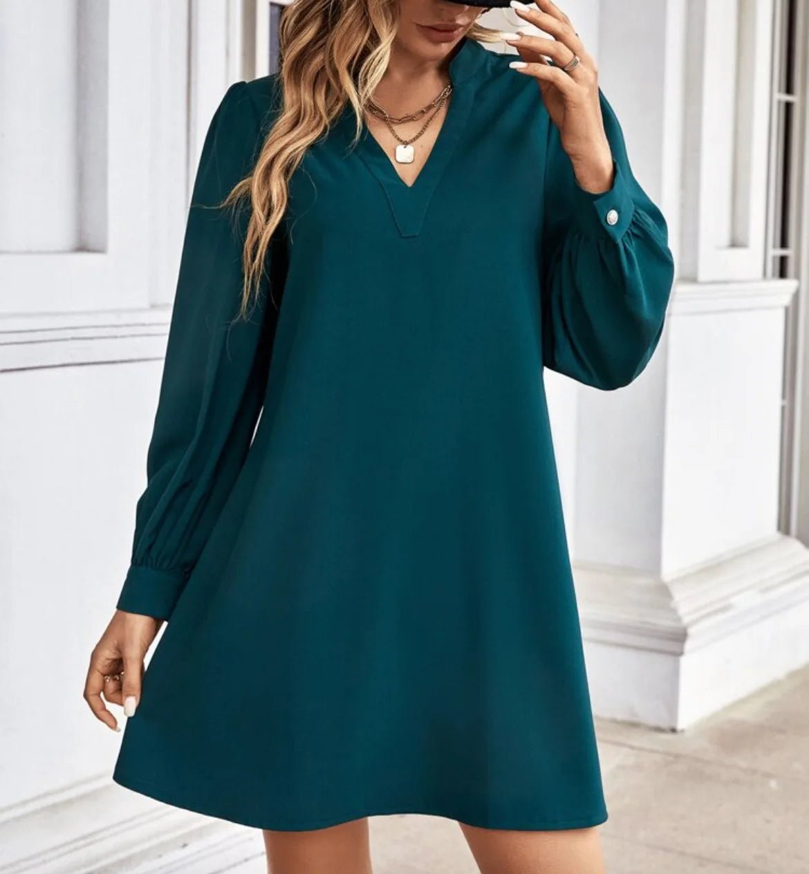 Mini Dress V - Neck Long Sleeves Solid Color – Office Lady Style Elegant Workwear Essentials - SN Wigs & More