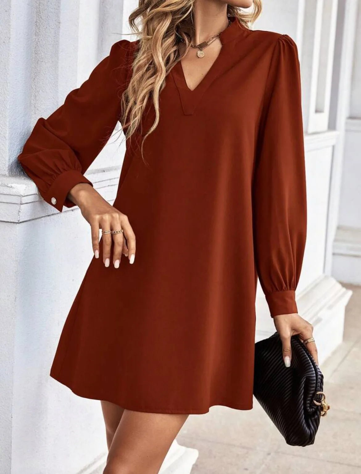 Mini Dress V - Neck Long Sleeves Solid Color – Office Lady Style Elegant Workwear Essentials - SN Wigs & More