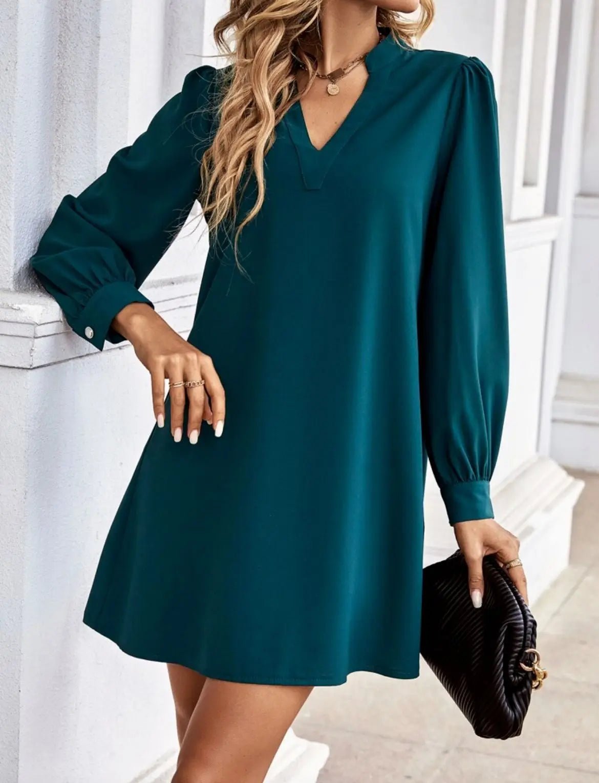 Mini Dress V - Neck Long Sleeves Solid Color – Office Lady Style Elegant Workwear Essentials - SN Wigs & More