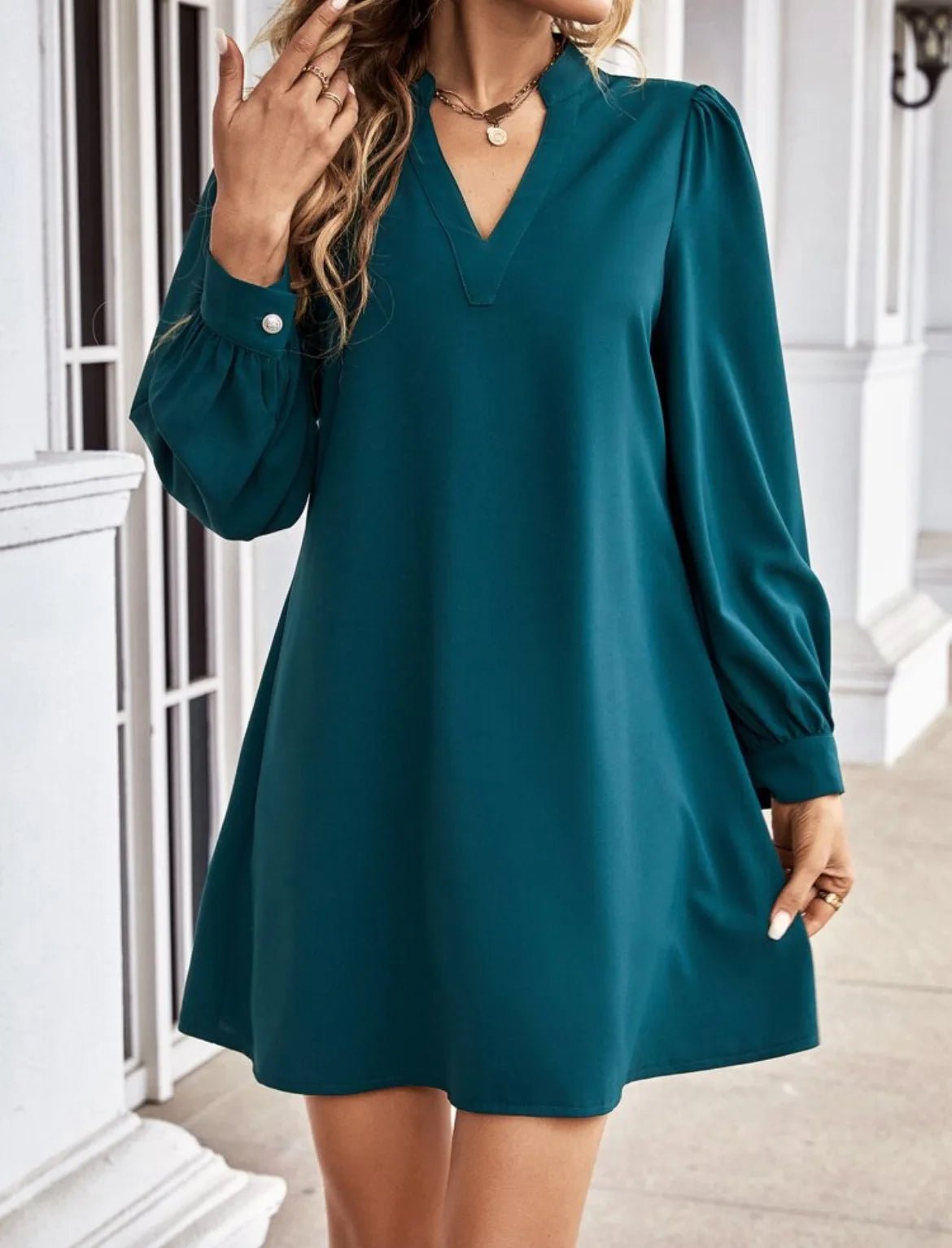 Mini Dress V - Neck Long Sleeves Solid Color – Office Lady Style Elegant Workwear Essentials - SN Wigs & More