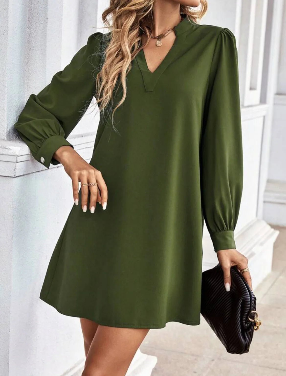 Mini Dress V - Neck Long Sleeves Solid Color – Office Lady Style Elegant Workwear Essentials - SN Wigs & More