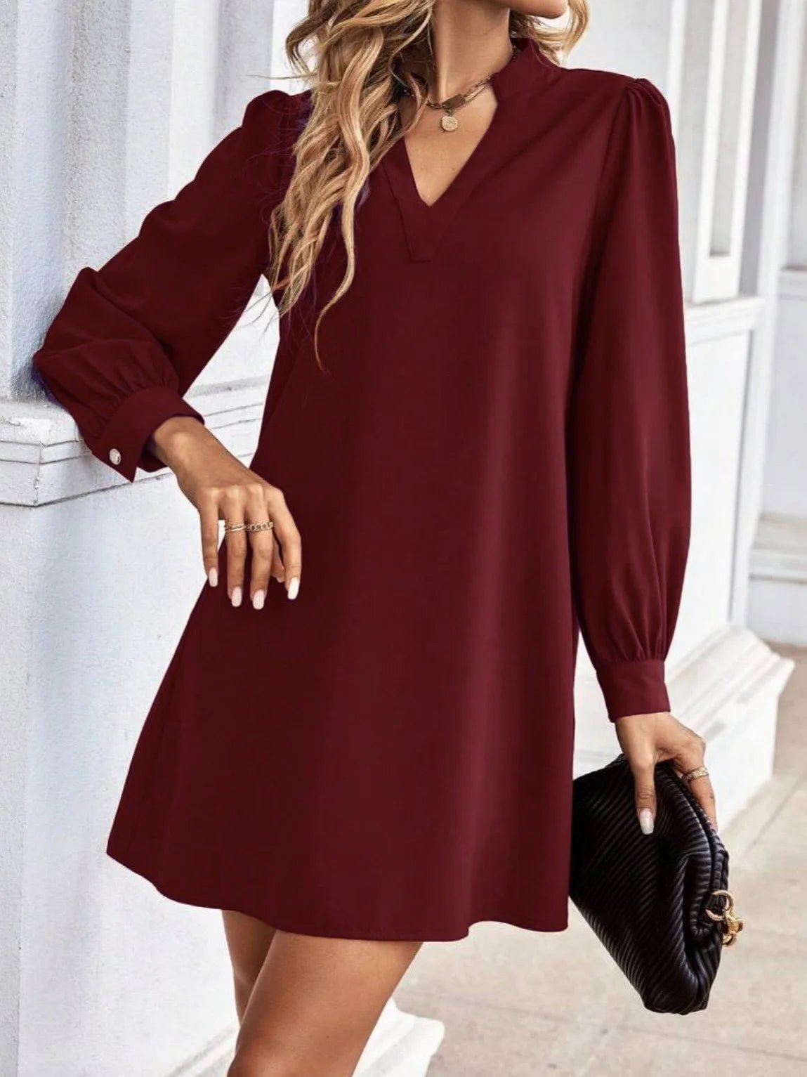 Mini Dress V - Neck Long Sleeves Solid Color – Office Lady Style Elegant Workwear Essentials - SN Wigs & More