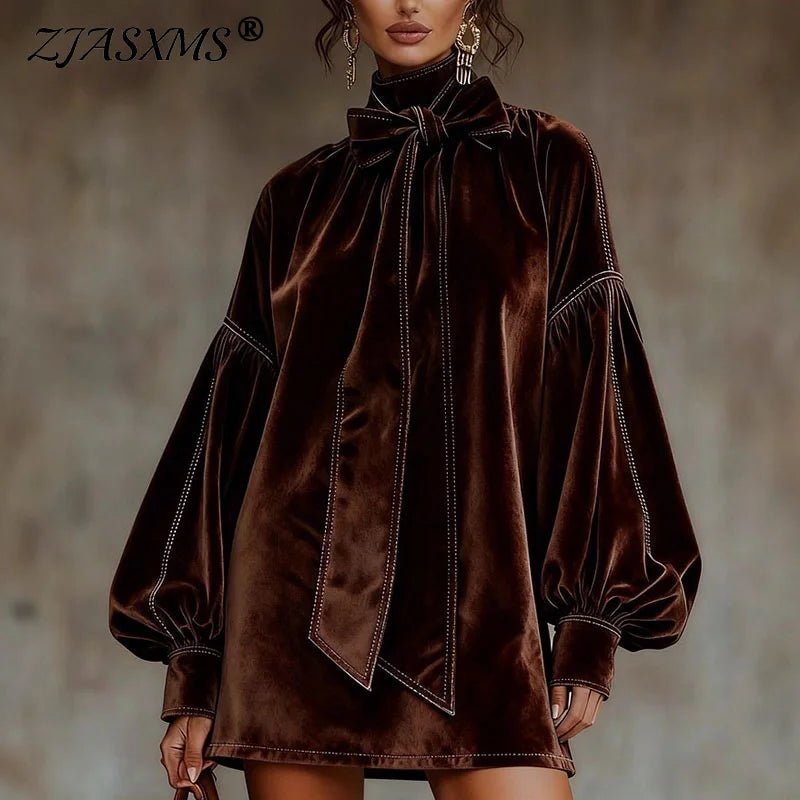 Mini Dress + Velvet Fabric With Bowknot And Turtleneck Details + Retro A Line Party Style - SN Wigs & More