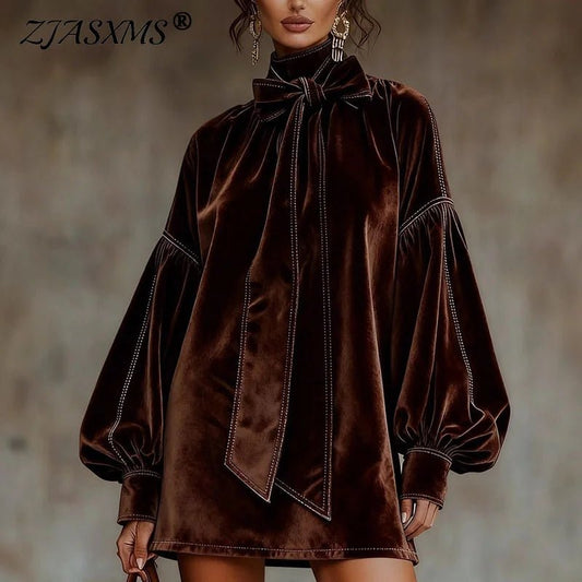 Mini Dress + Velvet Fabric With Bowknot And Turtleneck Details + Retro A Line Party Style - SN Wigs & More
