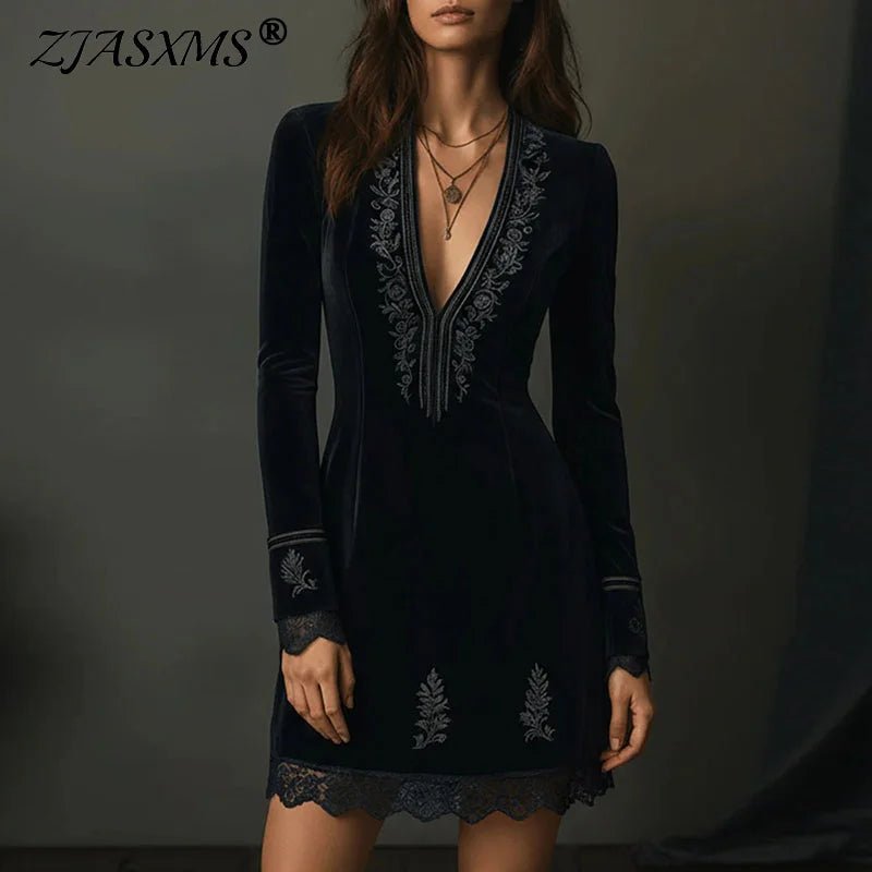 Mini Dress With Deep V Neck Hollow Lace Patchwork Floral Print Boho Party Chic Style - SN Wigs & More
