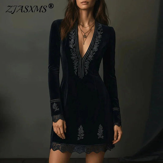 Mini Dress With Deep V Neck Hollow Lace Patchwork Floral Print Boho Party Chic Style - SN Wigs & More