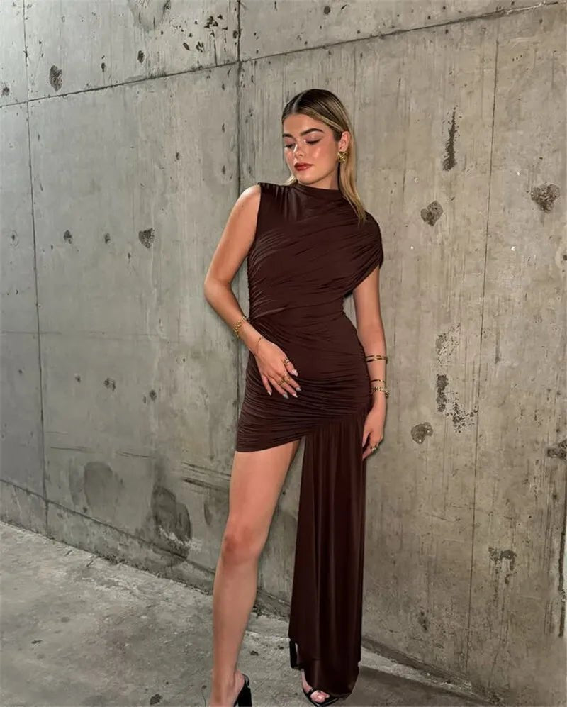 Mini Dress With Irregular Draped Ruched Detailing And High Waist Pleats Club Party Style - SN Wigs & More